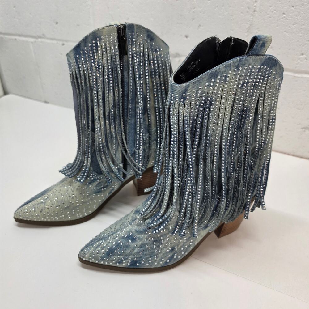 Masseys Women's Dolly Boots Denim Size 10M Fringe Rhinestone Festival Concert